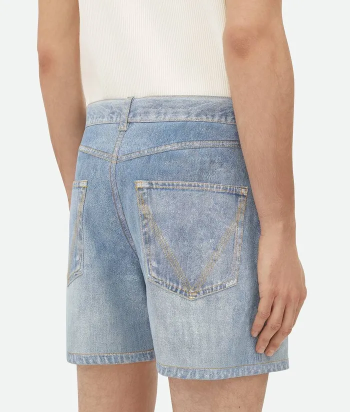 Men Bottega Veneta Leather Printed Leather Denim Shorts Light Blue