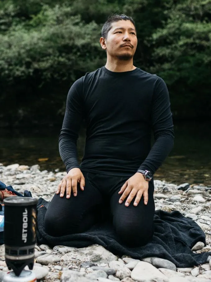Men Eddy 20 Merino Wool Long Sleeve Base Layer Black Finisterre Base Layers and Underwear Men Eddy 20 Merino Wool Long Sleeve Base Layer Black Finisterre Base Layers and Underwear
