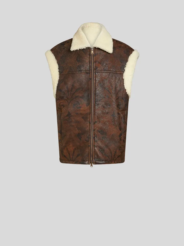 Men Etro Coats And Outerwear Sleeveless Jacket In Printed Shearling Dark Brown