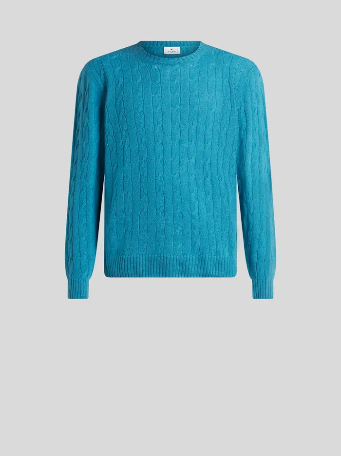 Men Etro Knitwear CableKnit Cashmere Sweater Light Blue