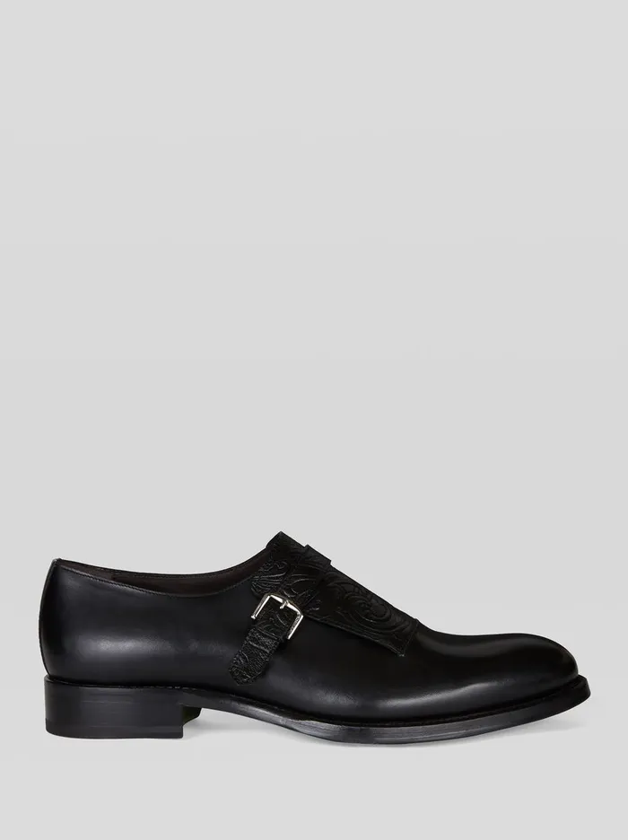 Men Etro LaceUp Shoes Leather Monk Straps With Paisley Pattern Black