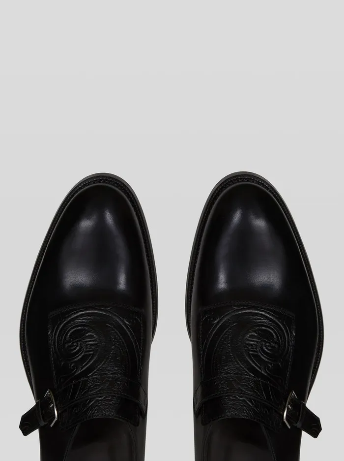 Men Etro LaceUp Shoes Leather Monk Straps With Paisley Pattern Black Men Etro LaceUp Shoes Leather Monk Straps With Paisley Pattern Black