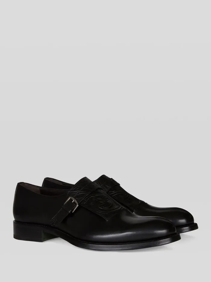 Men Etro LaceUp Shoes Leather Monk Straps With Paisley Pattern Black Men Etro LaceUp Shoes Leather Monk Straps With Paisley Pattern Black