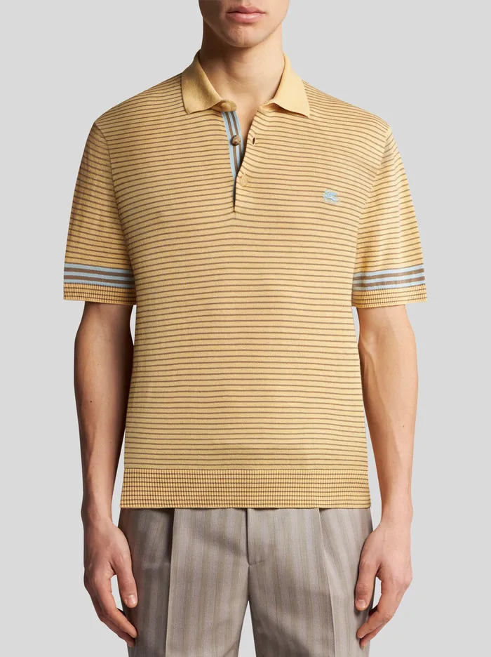 Men Etro Polo Shirts Striped Knit Polo Shirt With Pegaso Detail Yellow Men Etro Polo Shirts Striped Knit Polo Shirt With Pegaso Detail Yellow