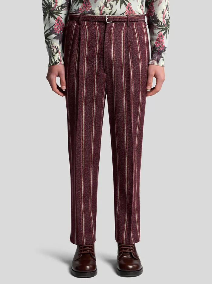 Men Etro Trousers Striped Trousers With Belt Burgundy Men Etro Trousers Striped Trousers With Belt Burgundy
