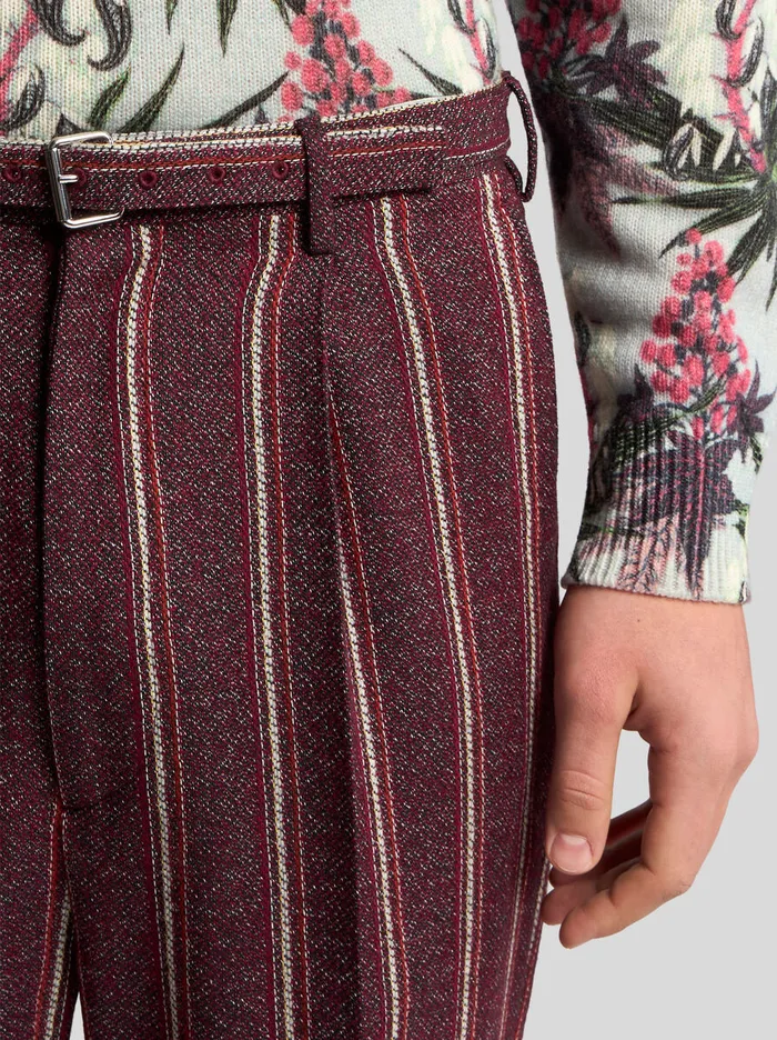 Men Etro Trousers Striped Trousers With Belt Burgundy Men Etro Trousers Striped Trousers With Belt Burgundy