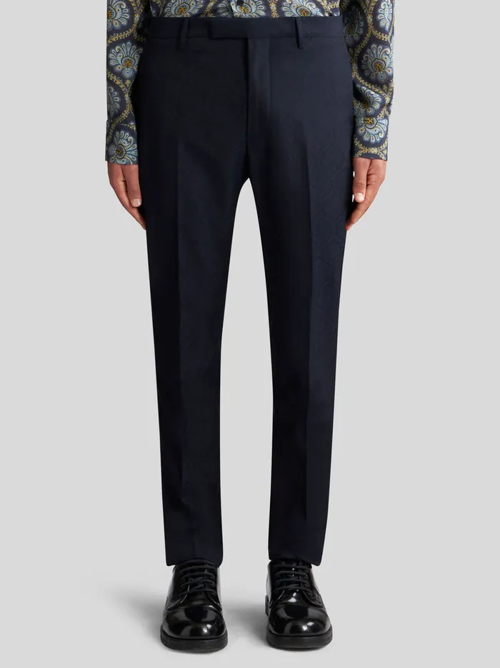 Men Etro Trousers Wool And Cotton Jacquard Trousers Navy Blue