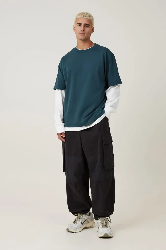 Men Pants Cotton On Parachute Super Baggy Pant Black Knee Panel