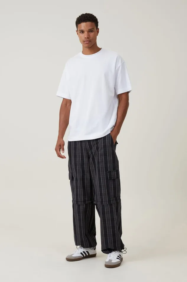Men Pants Cotton On Parachute Zip Off Pant Black Check