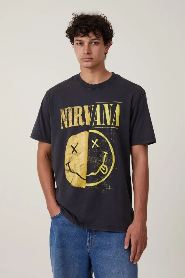 Men Tees and Tanks Cotton On Premium Loose Fit Music TShirt Lcn Mt Blacknirvana 8211 Smiley Half