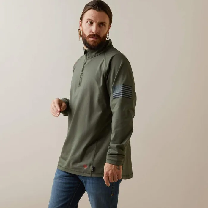 Men Workwear Ariat FR Combat Stretch Patriot 14 Zip Work Shirt Dark Sage
