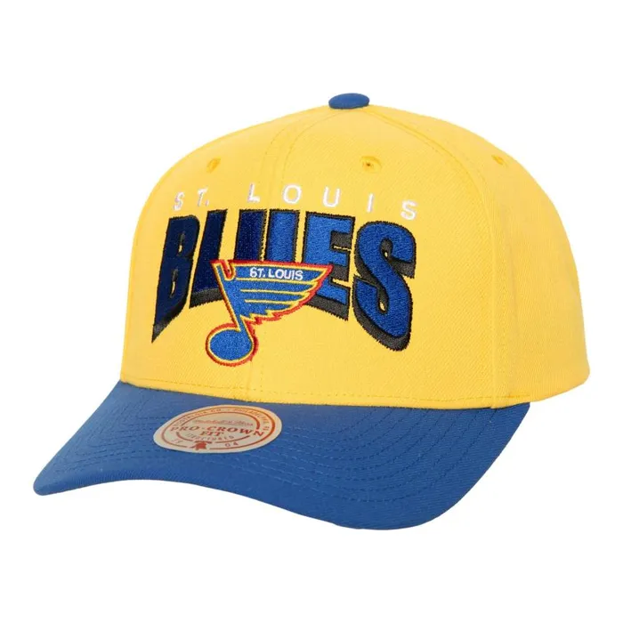 Mitchell and Ness Boom Text Pro Snapback Vntg St Louis Blues Men Hats and Headwear Mitchell and Ness Boom Text Pro Snapback Vntg St Louis Blues Men Hats and Headwear