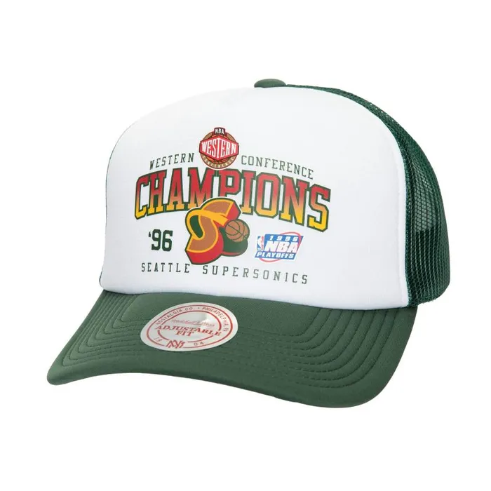 Mitchell and Ness Champions Trucker HWC Seattle Supersonics Men Hats and Headwear Mitchell and Ness Champions Trucker HWC Seattle Supersonics Men Hats and Headwear