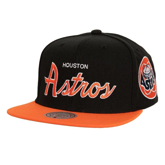 Mitchell and Ness Evergreen Script Snapback Coop Houston Astros Men Hats and Headwear