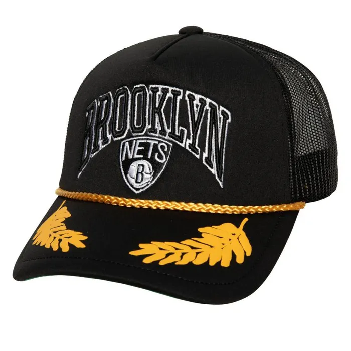 Mitchell and Ness Gold Leaf Trucker Brooklyn Nets Men Hats and Headwear