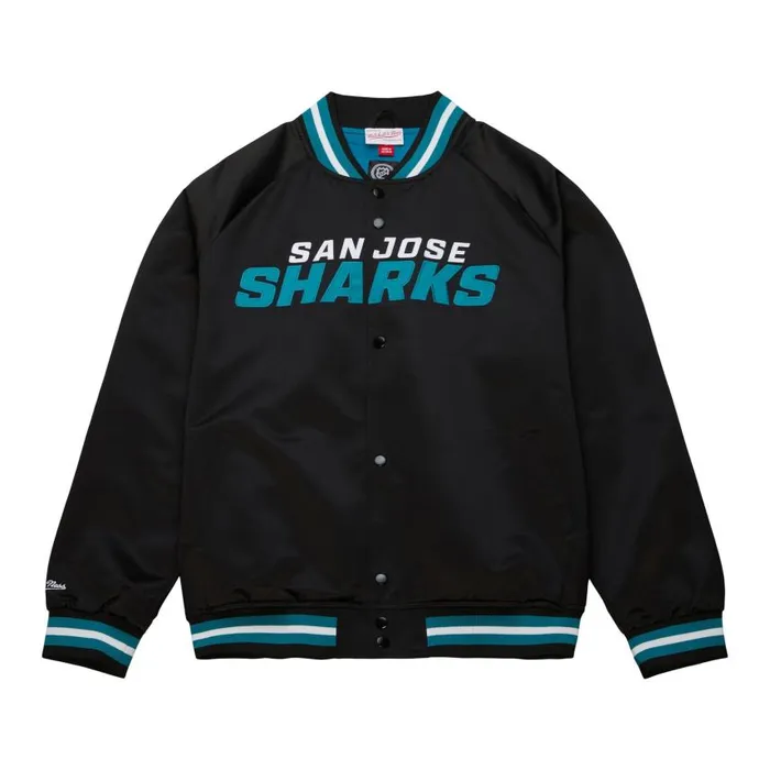 Mitchell and Ness Lightweight Satin Jacket Current Logo San Jose Sharks Men Jackets and Outerwear