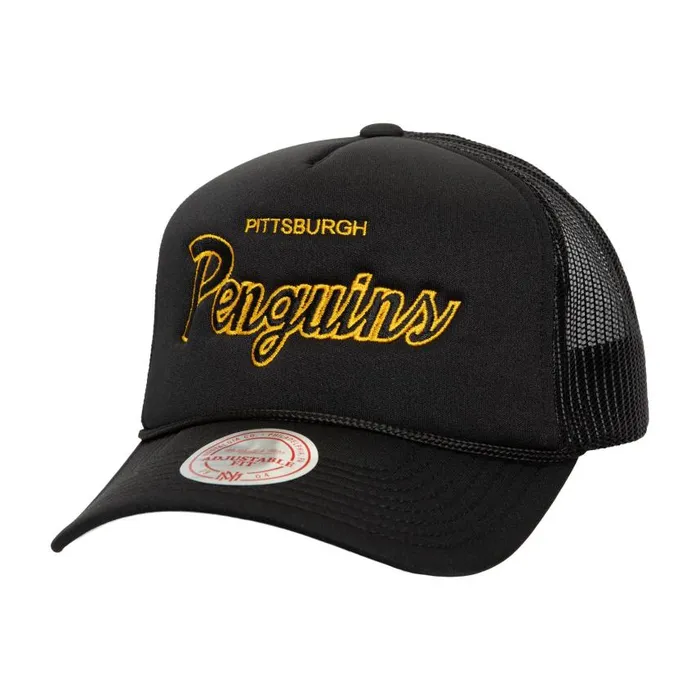 Mitchell and Ness Script Trucker Pittsburgh Penguins Men Hats and Headwear