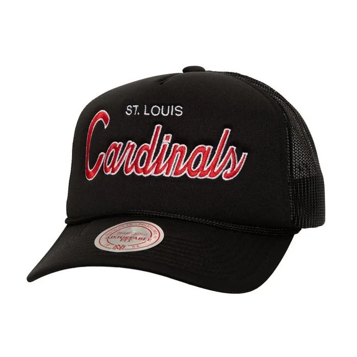 Mitchell and Ness Script Trucker St Louis Cardinals Men Hats and Headwear