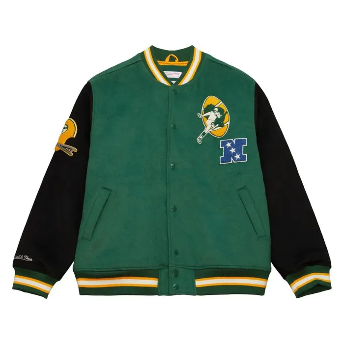 Mitchell and Ness Team Legacy Varsity Jacket Green Bay Packers Men Jackets and Outerwear