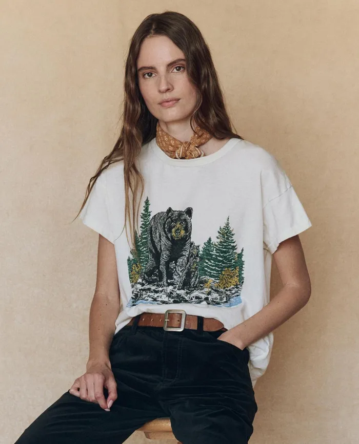 Novelty Tees and Sweats Women The Great The Boxy Crew Graphic Washed White With Black Bear Graphic