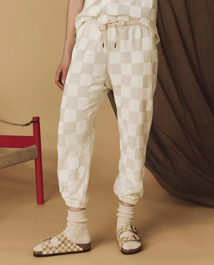 Novelty Tees and Sweats Women The Great The Hand Stamped Stadium Sweatpant Washed White With White Check