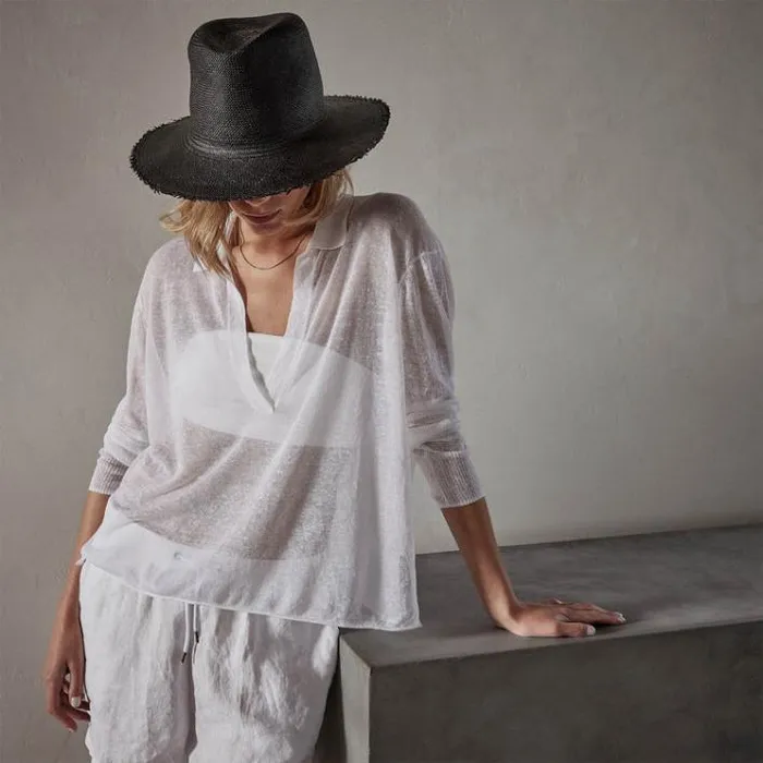 Novelty Tops Women James Perse Soleil Linen Polo White
