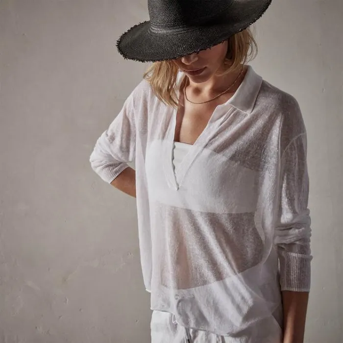 Novelty Tops Women James Perse Soleil Linen Polo White