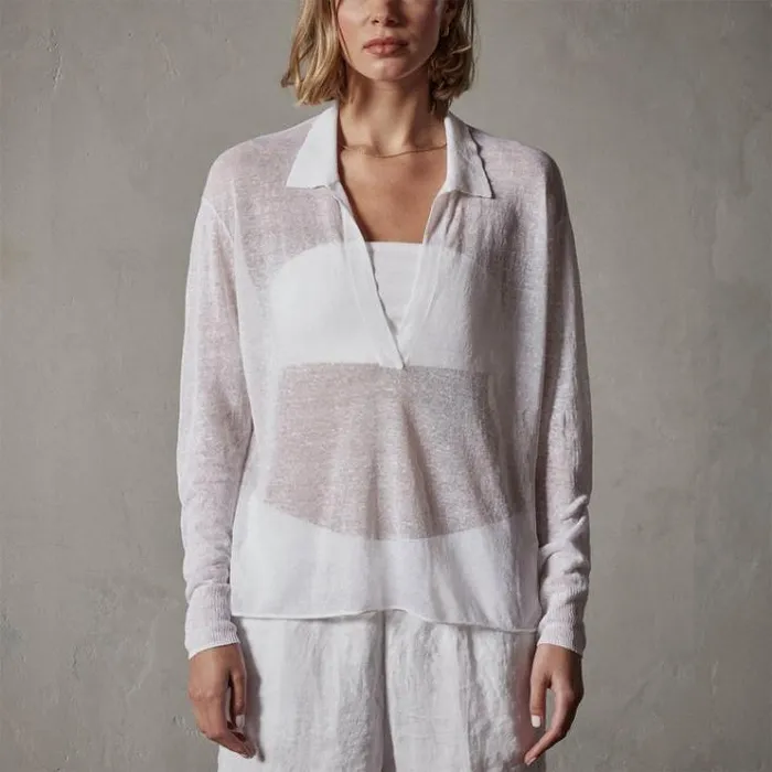 Novelty Tops Women James Perse Soleil Linen Polo White