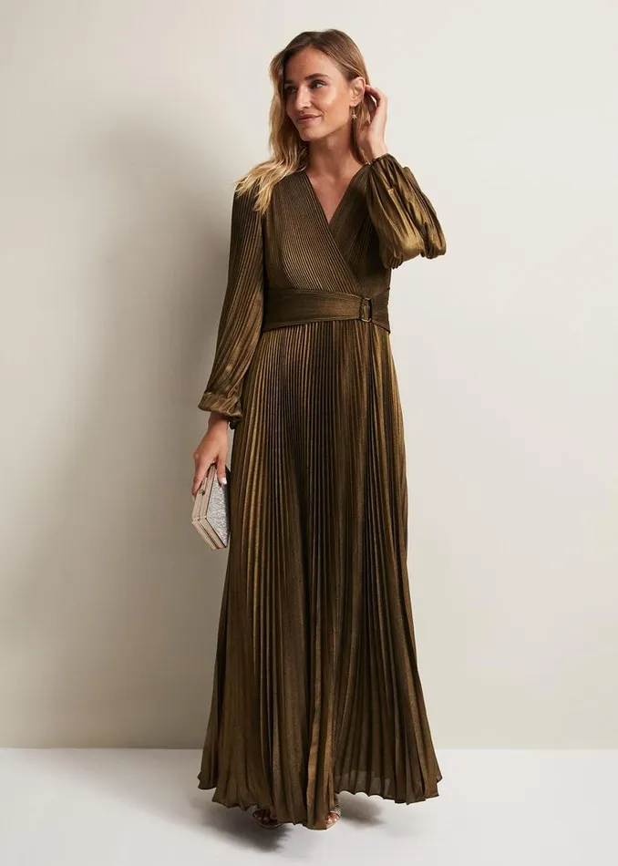 Phase Eight Dresses Adrianna Foil Pleated Maxi Dress Metallic 8211 Women