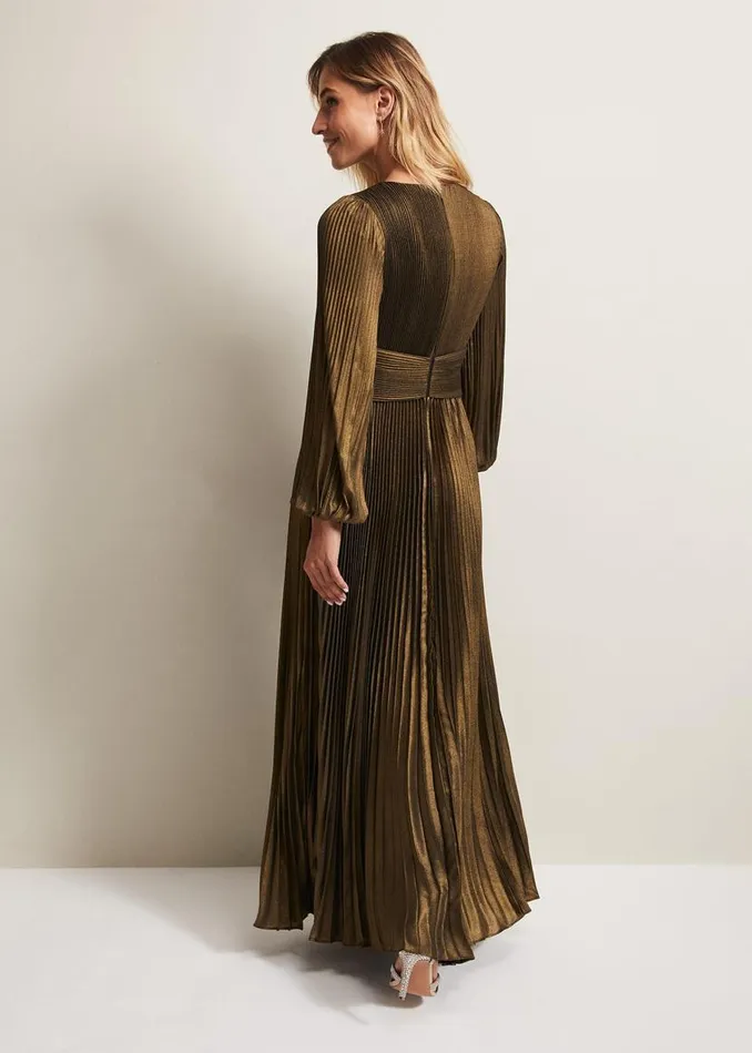 Phase Eight Dresses Adrianna Foil Pleated Maxi Dress Metallic 8211 Women