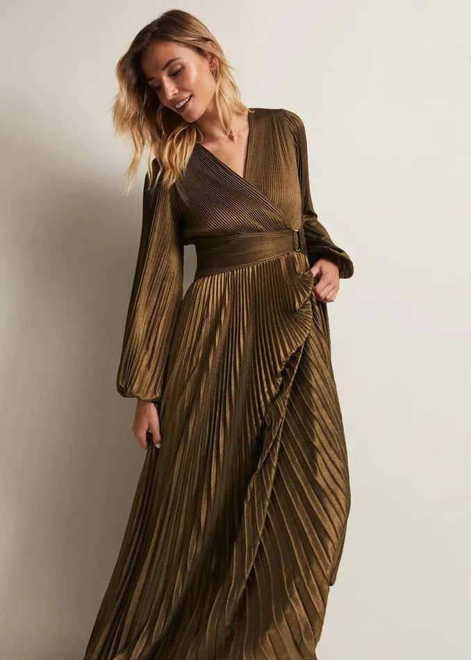 Phase Eight Dresses Adrianna Foil Pleated Maxi Dress Metallic 8211 Women