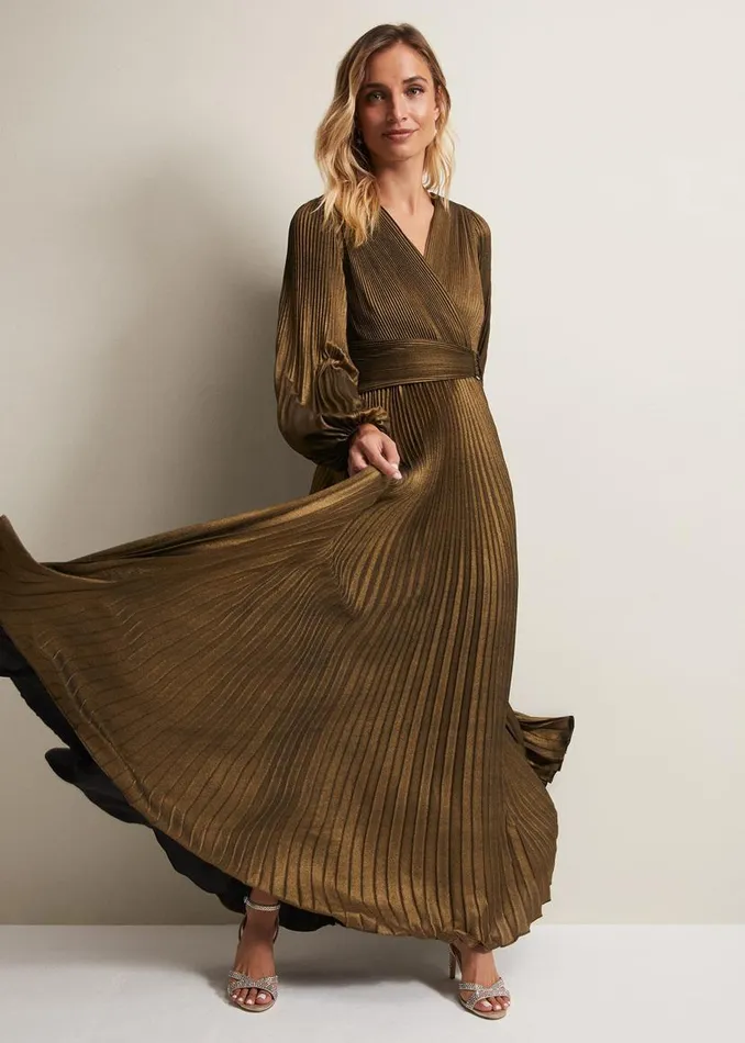 Phase Eight Dresses Adrianna Foil Pleated Maxi Dress Metallic 8211 Women