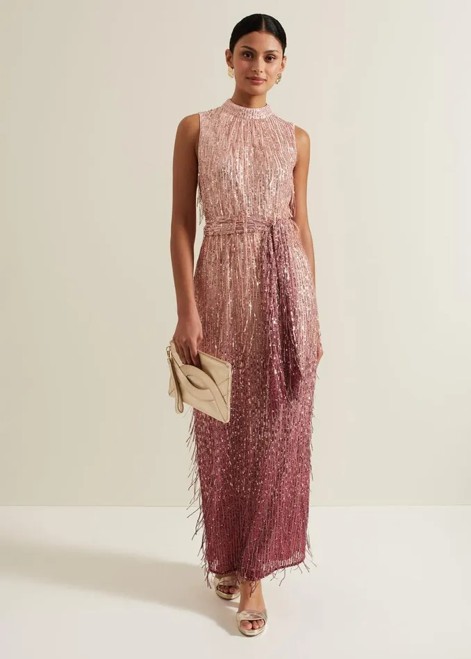 Phase Eight Dresses Becka Fringe Sequin Maxi Dress Pink 8211 Women