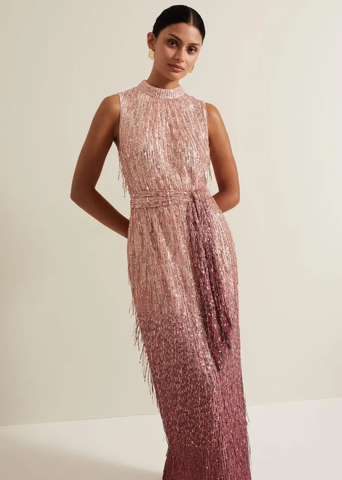 Phase Eight Dresses Becka Fringe Sequin Maxi Dress Pink 8211 Women