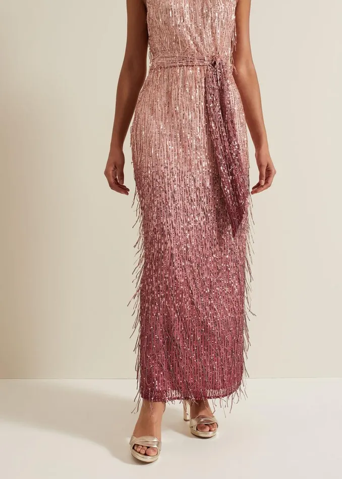 Phase Eight Dresses Becka Fringe Sequin Maxi Dress Pink 8211 Women
