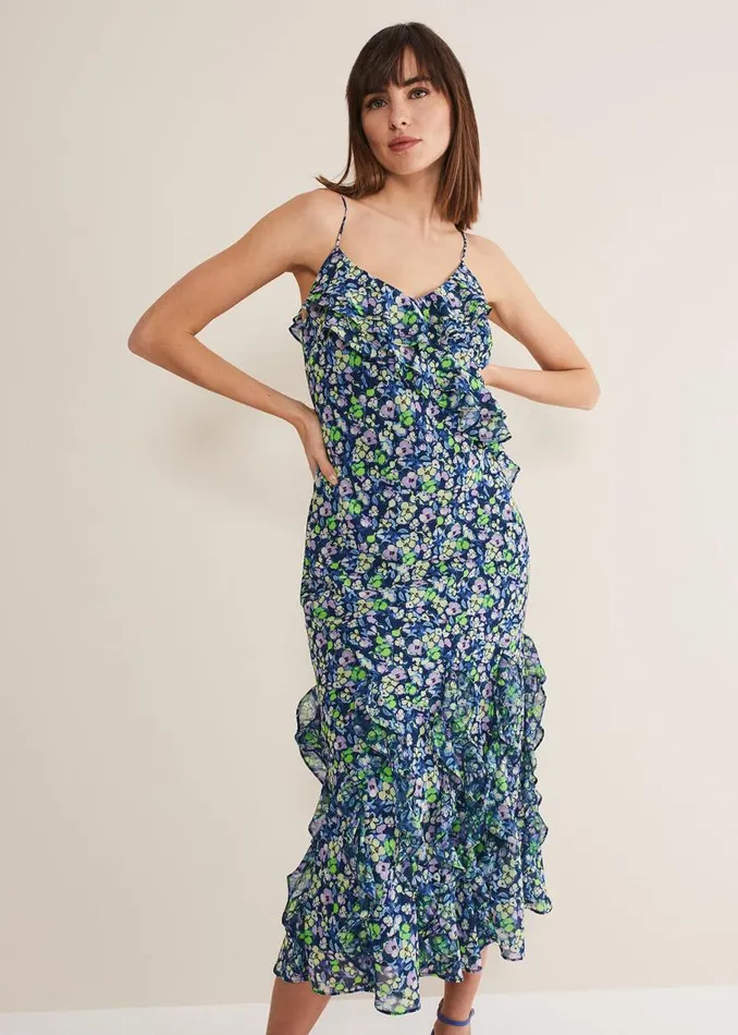 Phase Eight Dresses Catira Floral Ruffle Midaxi Dress Navymulti 8211 Women