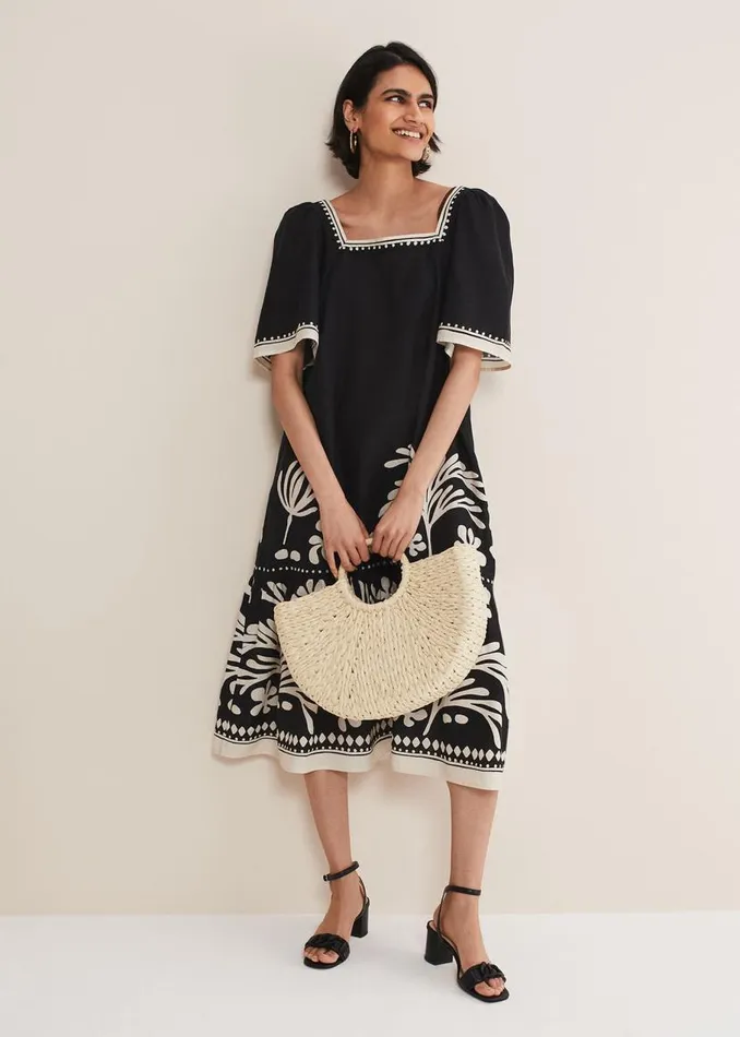 Phase Eight Dresses Claria Linen Midi Dress Blackivory 8211 Women