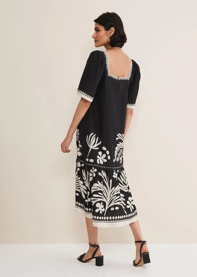 Phase Eight Dresses Claria Linen Midi Dress Blackivory 8211 Women