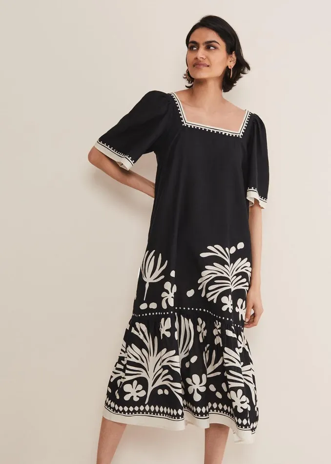 Phase Eight Dresses Claria Linen Midi Dress Blackivory 8211 Women
