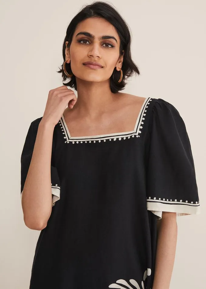 Phase Eight Dresses Claria Linen Midi Dress Blackivory 8211 Women