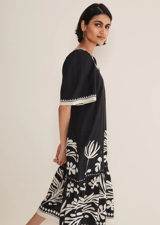 Phase Eight Dresses Claria Linen Midi Dress Blackivory 8211 Women