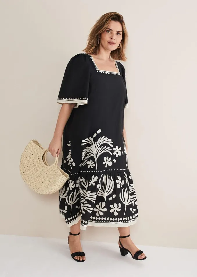 Phase Eight Dresses Claria Linen Midi Dress Blackivory 8211 Women