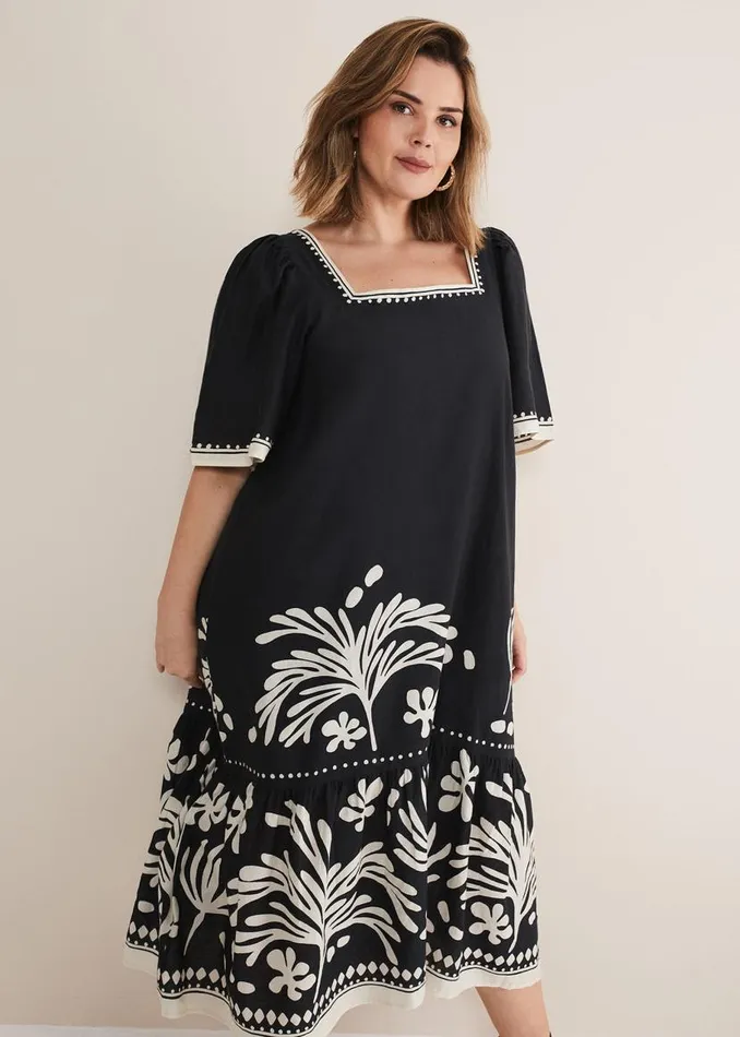 Phase Eight Dresses Claria Linen Midi Dress Blackivory 8211 Women
