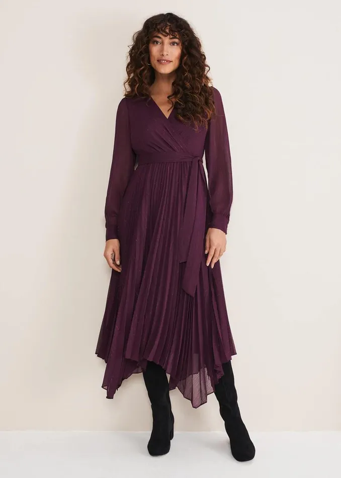 Phase Eight Dresses Dani Pleated Belted Midi Dress Plum 8211 Women