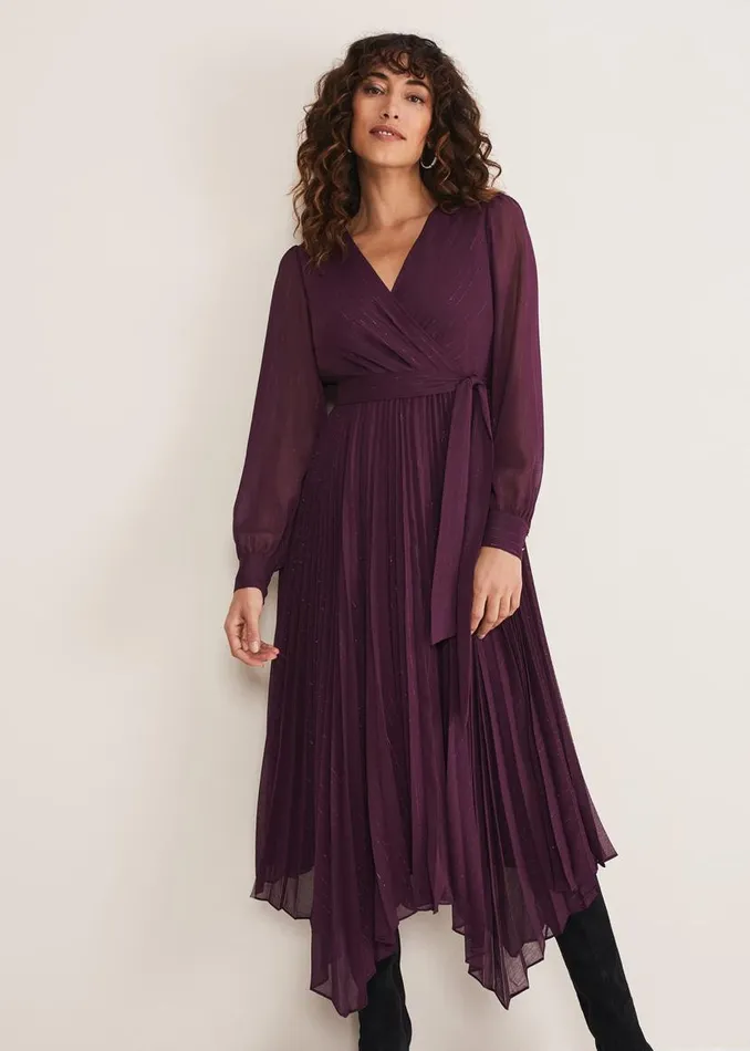 Phase Eight Dresses Dani Pleated Belted Midi Dress Plum 8211 Women