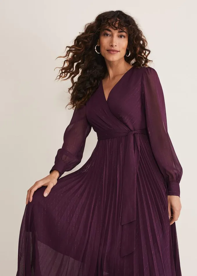 Phase Eight Dresses Dani Pleated Belted Midi Dress Plum 8211 Women