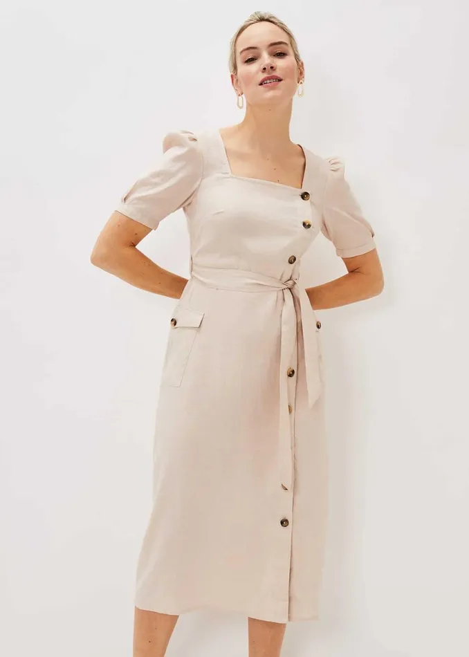 Phase Eight Dresses Elletta Square Neck Linen Dress Stone 8211 Women