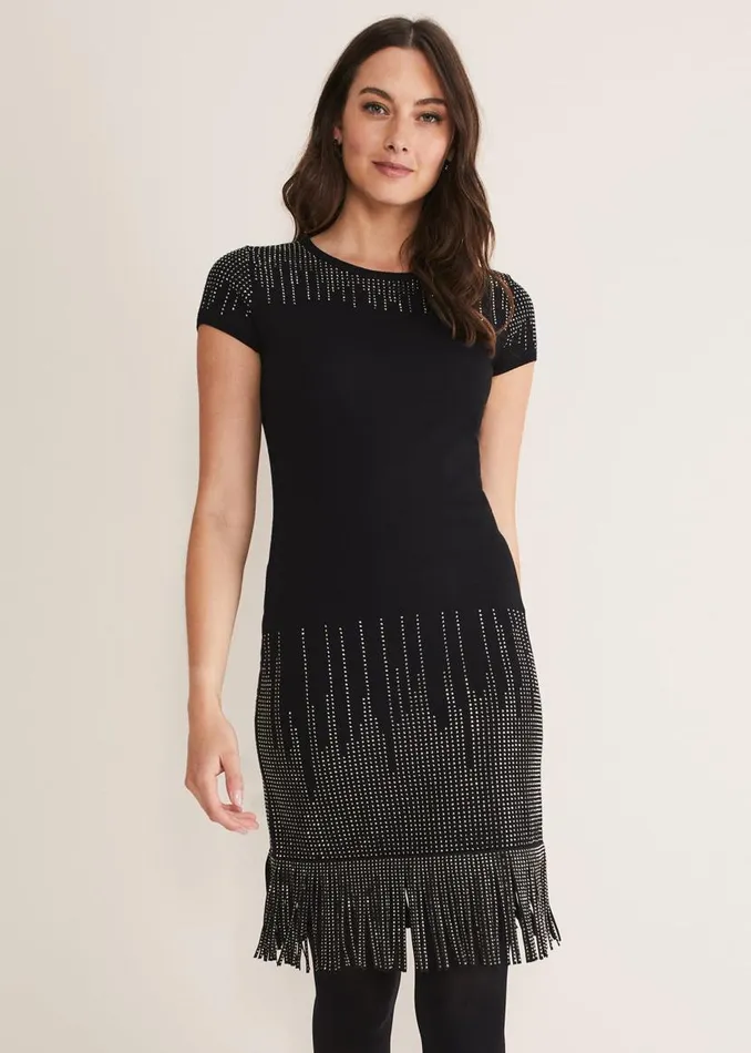 Phase Eight Dresses Florie Fringe Knitted Dress Black 8211 Women