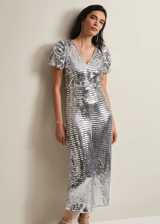 Phase Eight Dresses Novalie Silver Sequin Midaxi Dress Silver 8211 Women