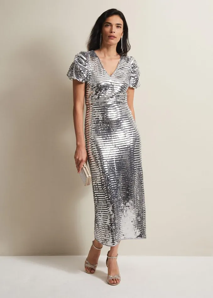 Phase Eight Dresses Novalie Silver Sequin Midaxi Dress Silver 8211 Women